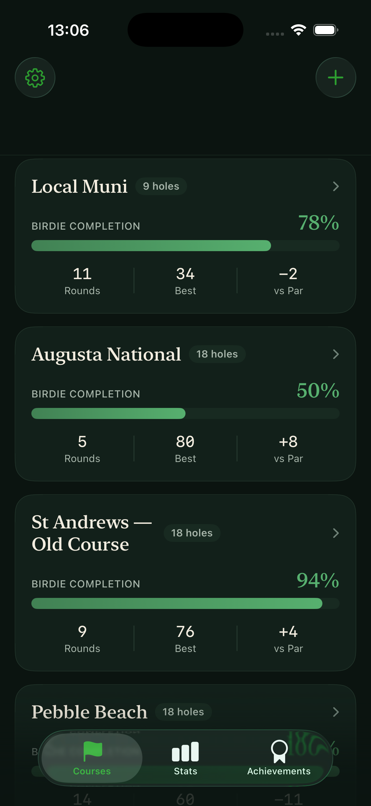 My Courses screen showing four golf courses with birdie completion bars