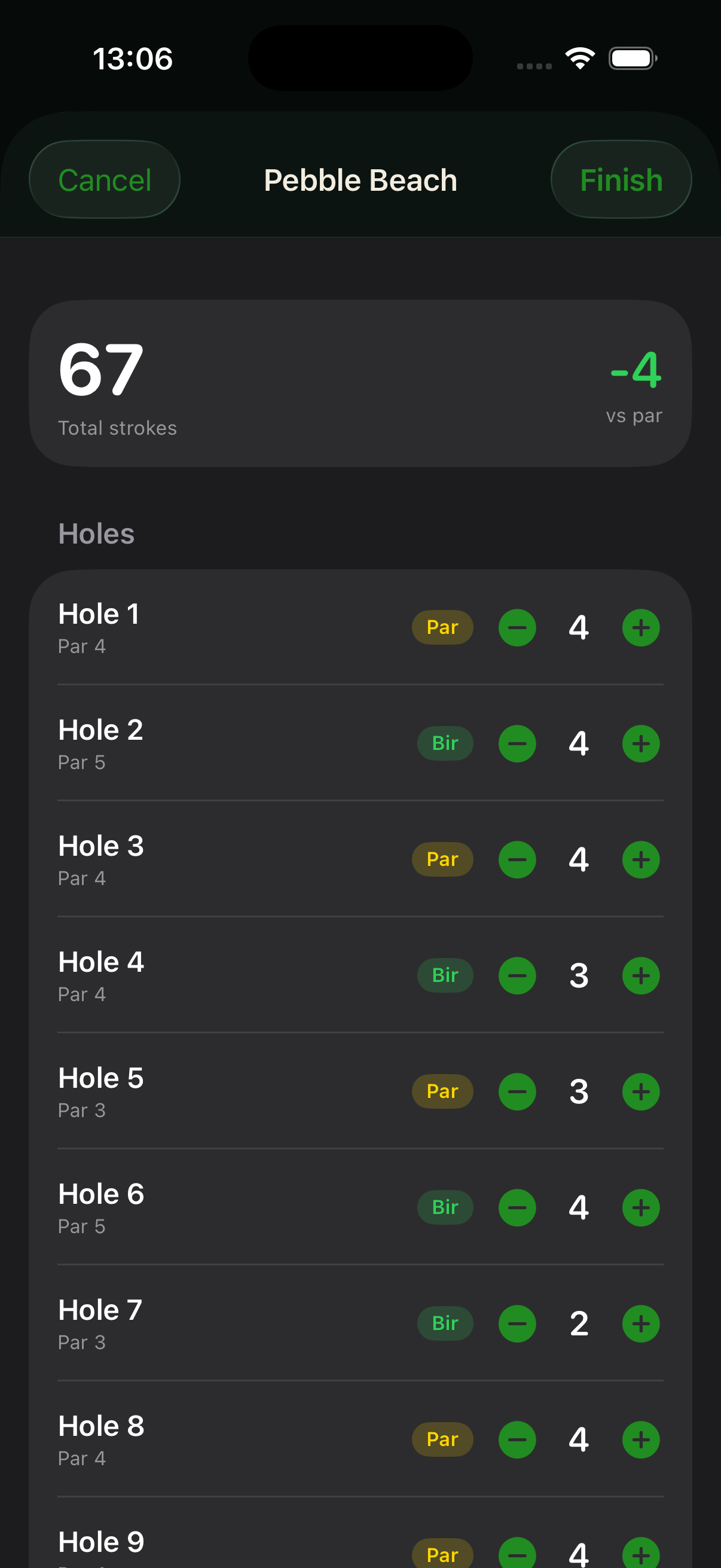 Live scorecard with strokes being entered