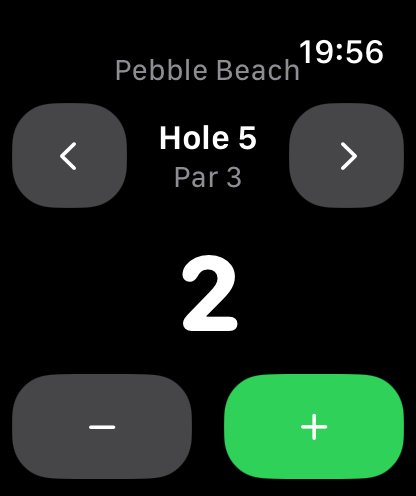 Apple Watch showing Pebble Beach hole 5, par 3, with stroke count 2 (a birdie)