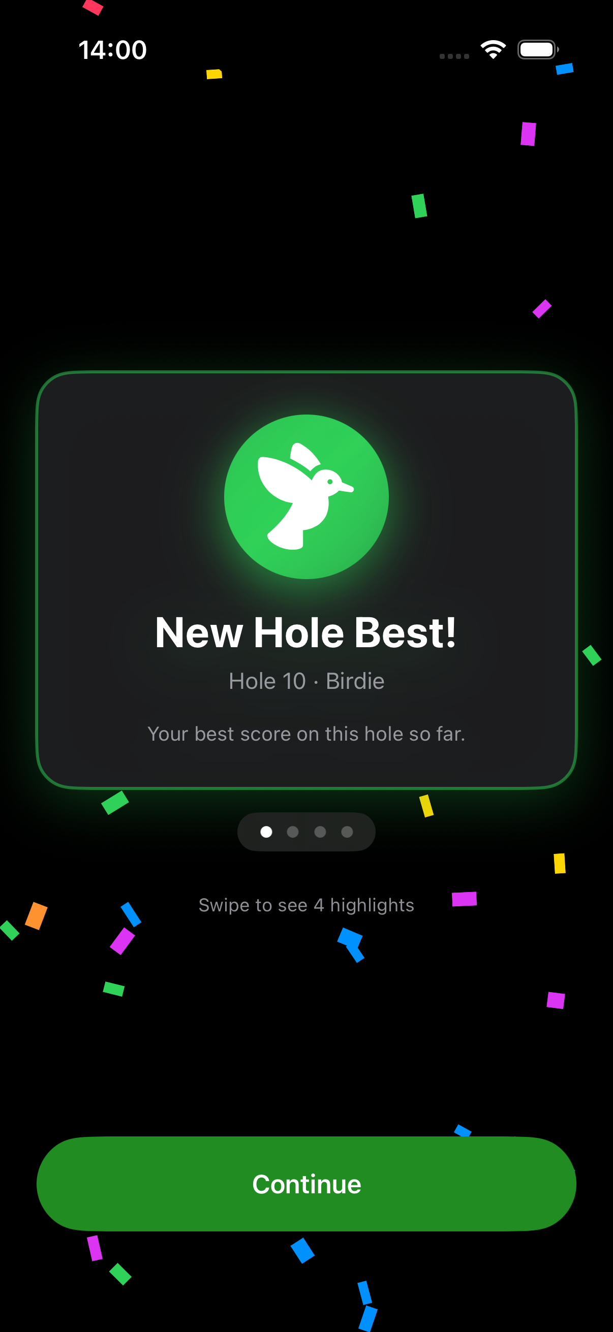 Full-screen celebration cover with confetti and a New Hole Best card for hole 10, a birdie. A page indicator hints at four highlights to swipe through.